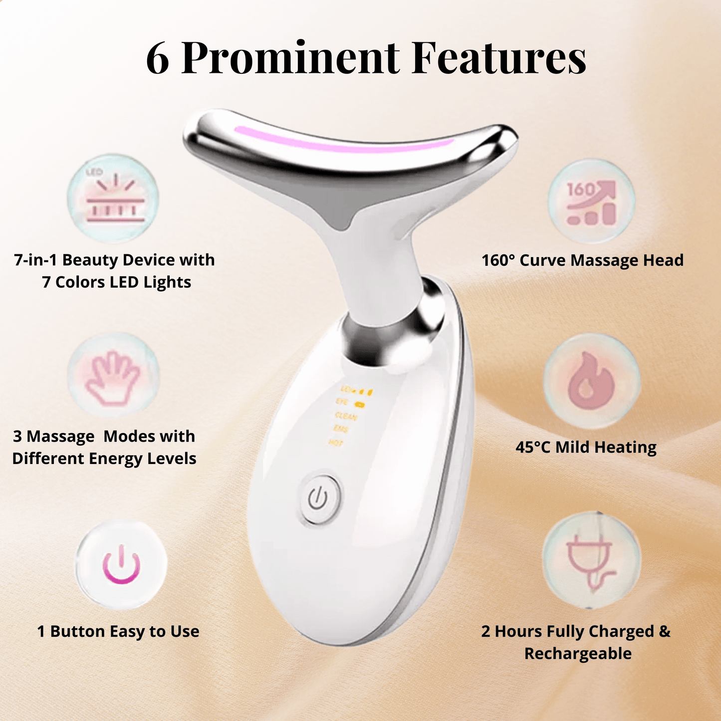 7-in-1 facial massager – Advanced technology with heat therapy, microcurrents, LED therapy, sonic vibrations, ion therapy, pulse massage, and firming effect for hydrated, glowing, and youthful skin.