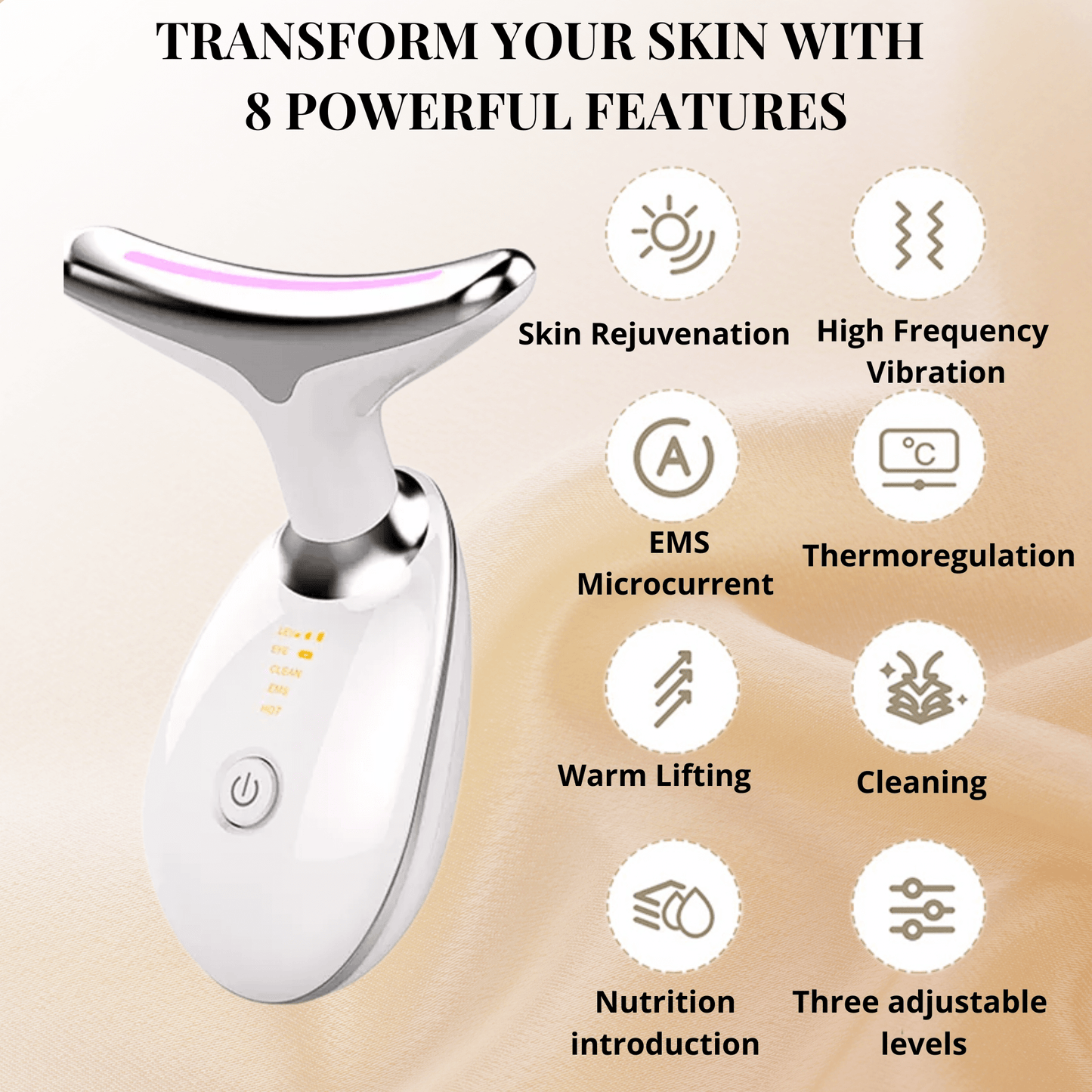 Multifunctional facial massager – Combines heat, vibrations, LED therapy, and microcurrents to firm the skin, enhance radiance, and reduce signs of aging