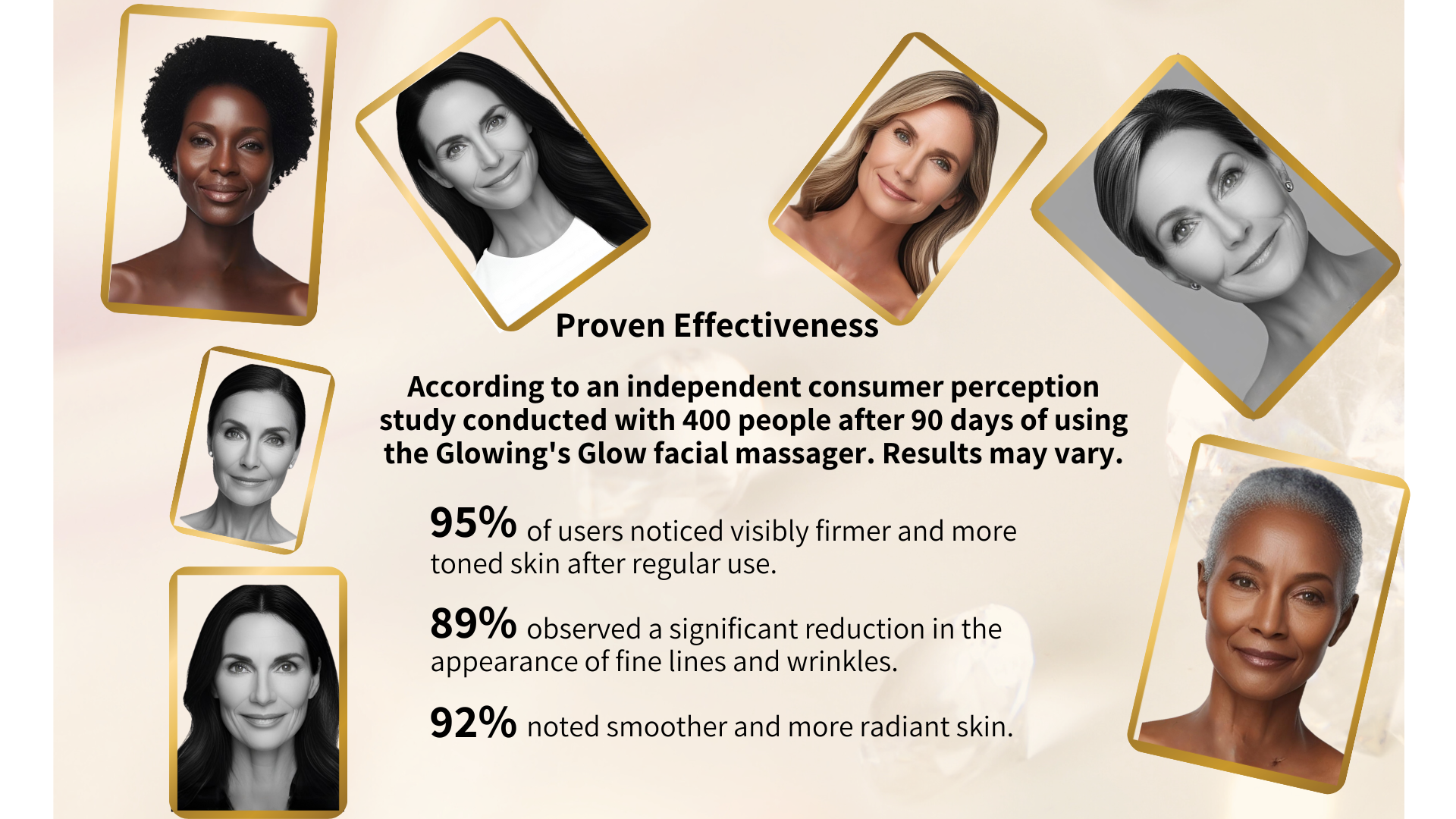 Discover the proven effectiveness of the Glowing’s Glow facial massage! A study conducted on 400 users over 90 days shows that 95% noticed firmer skin, 89% saw a reduction in wrinkles, and 92% achieved a more radiant complexion. Try it now for youthful-looking skin!