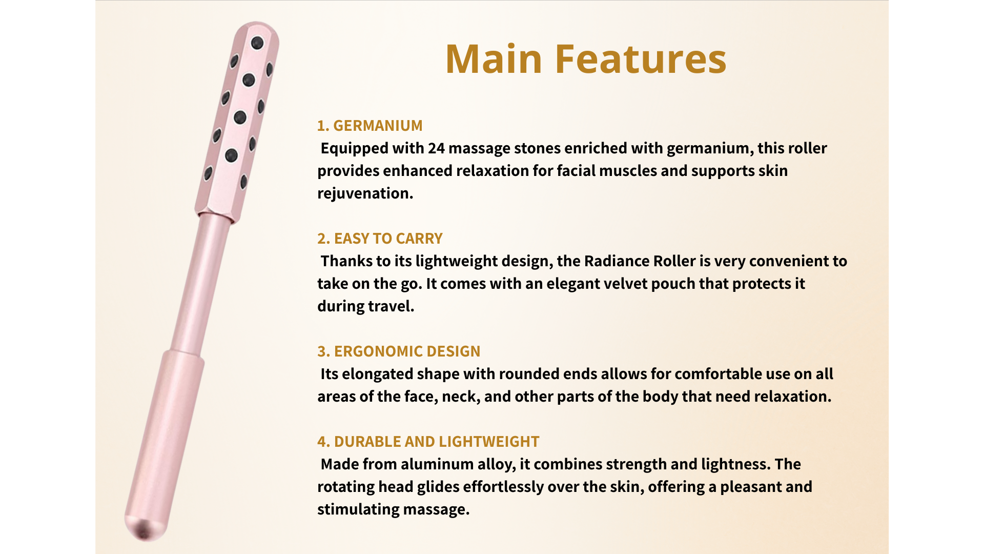 Infographic highlighting 4 key features of a germanium massage roller: 24 germanium-infused massage stones for deep facial relaxation, compact and travel-friendly design with velvet pouch, ergonomic shape for face, neck, and body use, and durable yet lightweight aluminum build with a smooth rotating head for a soothing, revitalizing massage.