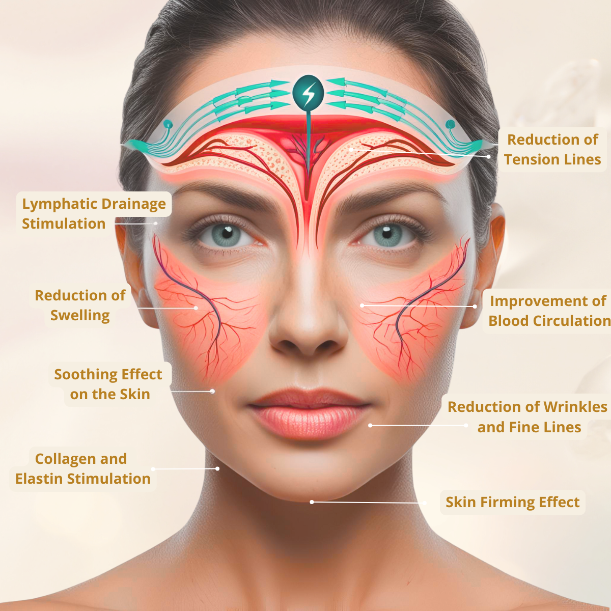 Facial massage with high-frequency vibrations – Activates lymphatic drainage, reduces puffiness, and firms the skin. Stimulates collagen production for a smoother, fresher, and more luminous complexion.
